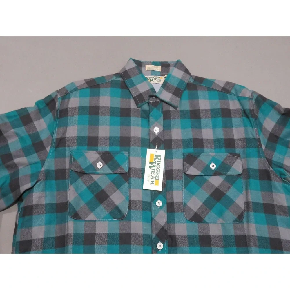 Vtg Rugged Wear BOG Flannel Shirt Jacket Mens Large Green Plaid Quilted Lined